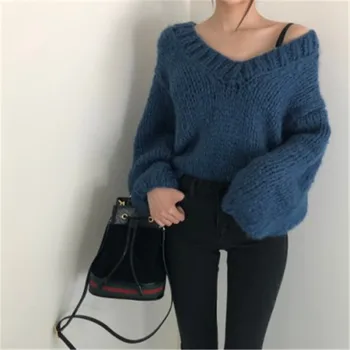 

Sweaters For Women's Knitted Jacket Autumn Winter Sweater Pullover V-Neck Elegant Sexy Lady Loose Lantern Sleeve Streetwear Tops
