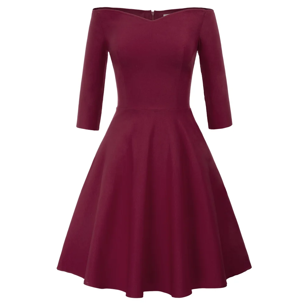 Женское Ретро винтажное платье 50s 60s черное 3/4 рукав с открытыми плечами v-образным вырезом эластичное летнее платье женское рокабилли свободное платье - Цвет: Wine