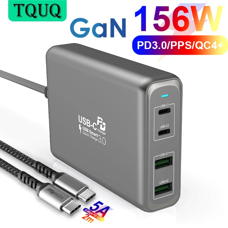 TQUQ 4-port 156W GaN Fast Charger USB C Power Adapter, PD 100W PPS 65W 45W QC4.0 for MacBook iPhone Samsung Dell Xiaomi Laptop