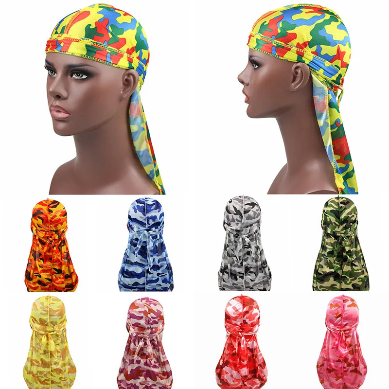 Новинка шелковая бандажная Шляпа Унисекс Durag волнистые тряпки камуфляжный принт