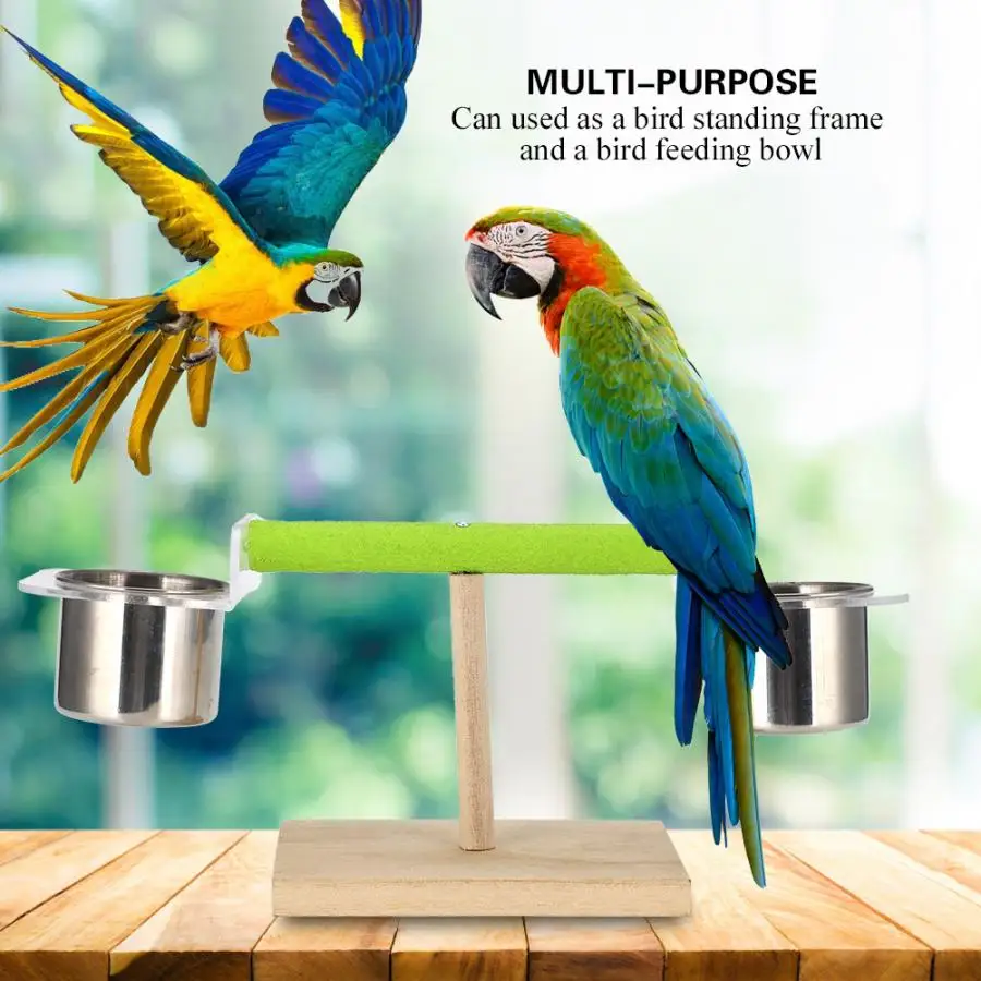Bird Toys Colorful Frosted Rod Swing Standing Frame Cup Holder with Two Stainless Steel Feeder Bowl Parrot Chewing Toy