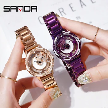 

SANDA Fashion Women Watches Stainless Mesh Strap Creativity Rotating Dial Ms Watch Leisure Waterproof Quartz Clock Montre Femme