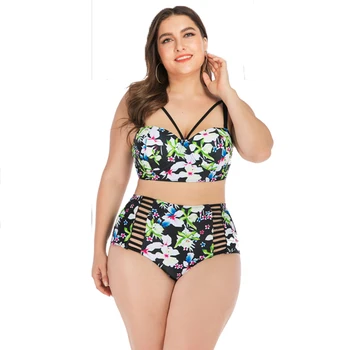 

2020 New Floral Print Swimsuit Women Plus Size Swimwear High Neck Bathing Suit L-4XL Girl High Waist Hollow Backless Bikini Set