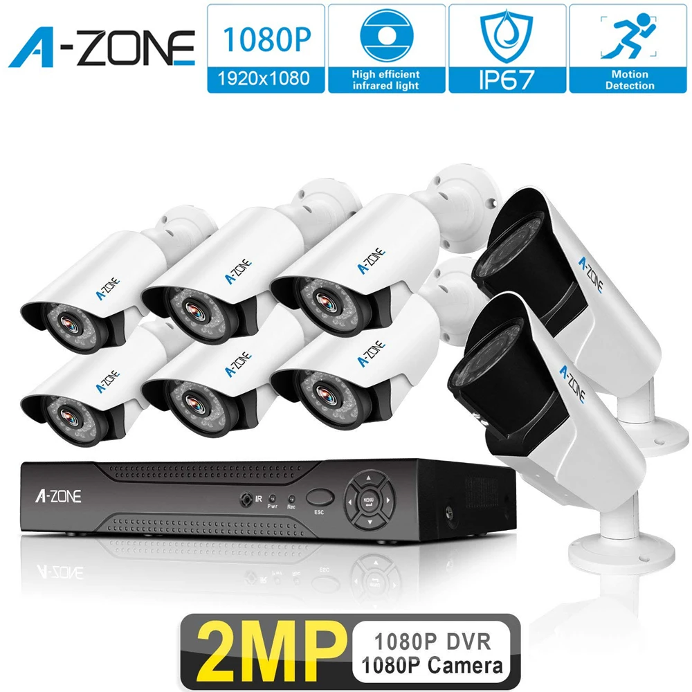 A-ZONE 8ch 2.0MP CCTV AHD домашняя камера безопасности Система 1080P DVR P2P H. 264 ночного видения Открытый Набор камер видеонаблюдения