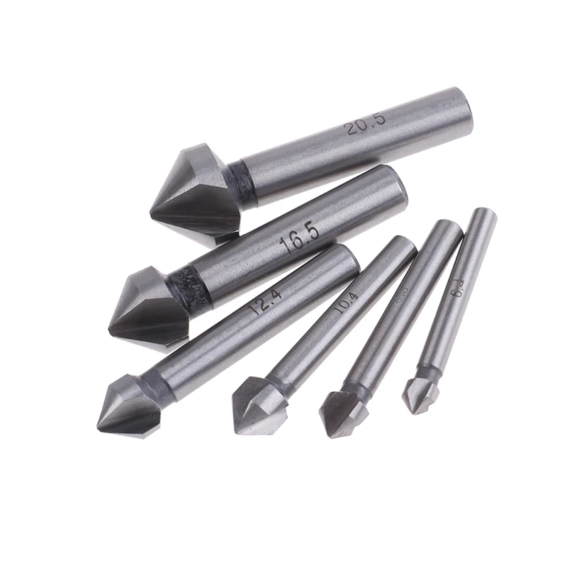 

Round Shank 6pcs/Set 3 Flute HSS Hard Metals Natural Color Three Edge Chamfer Chamfering End Mill Cutter Countersink Drill Bit
