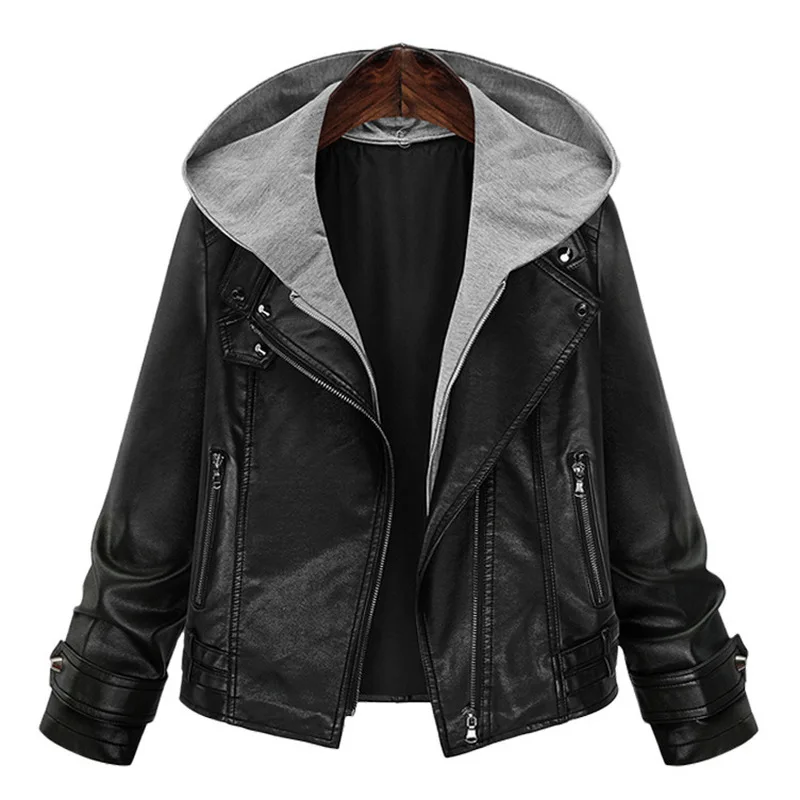 ZOGAA 2020 New PU Leather Woman Coat Short Hooded Jacket America Style Fashion Street Wear One Color XL-5XL Size Women Outwear