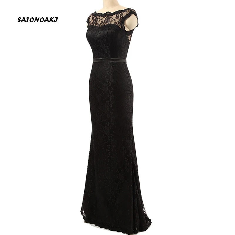 SATONOAKI Black Lace Evening Dresses V Back Mermaid Simple Boat Neck Floor Length Dress With Bow Sash