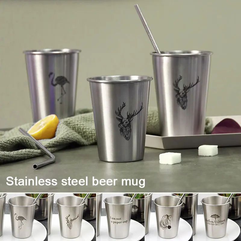

Water Cup Silver Modern Stainless Steel Metal Cup Metal Mugs 500ml Coffee Cold Flamingo Tree Beer Couple Cups Delicate
