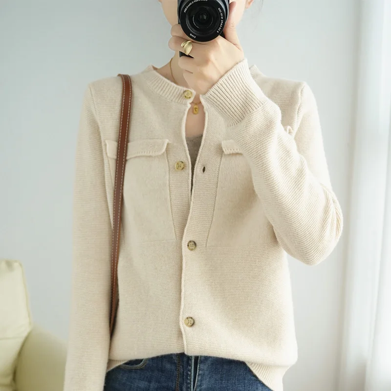 Autumn And Winter New Style 100% Pure Wool Seven-Needle Stretch Slim-Fit Women's Knitted Cardigan Round Tie Pocket Sweater Coat