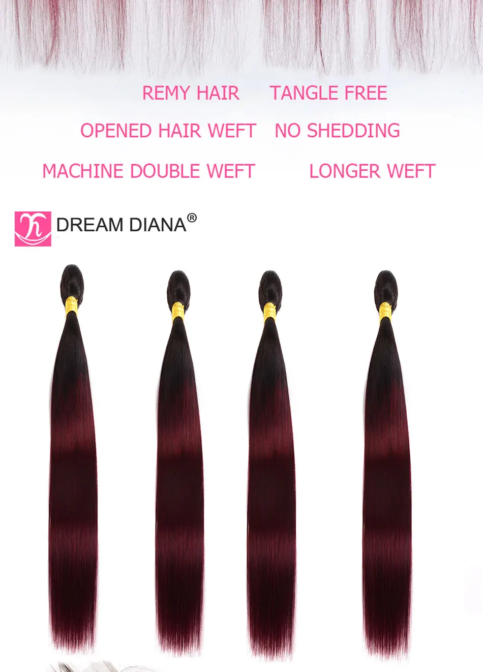 DreamDiana Омбре бразильские прямые волосы с закрытием 1"-26" L красное вино Ombre 1B 99J Remy человеческие волосы пучки с кружевом