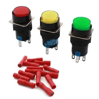 

3 x DC 12V Tri-color Light SPDT Locking Pushbutton Switch 16mm w Crimp Terminal