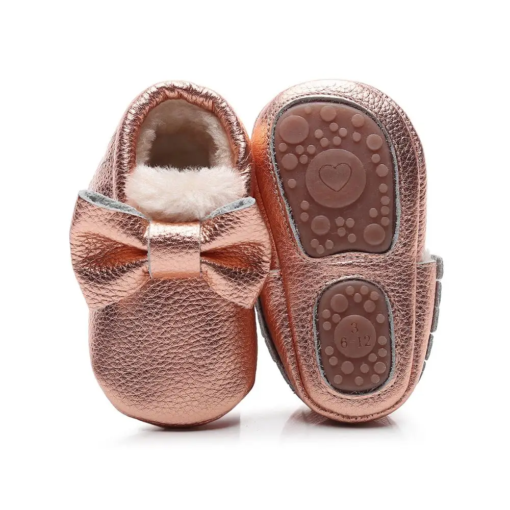 rose gold Натуральная кожа, розовое золото, блестящая зимняя детская обувь, толстый мех, для мальчиков и девочек, Мокасины с большим бантом, жесткая резиновая подошва, для детей, начинающих ходить, ручная работа - Цвет: rose gold