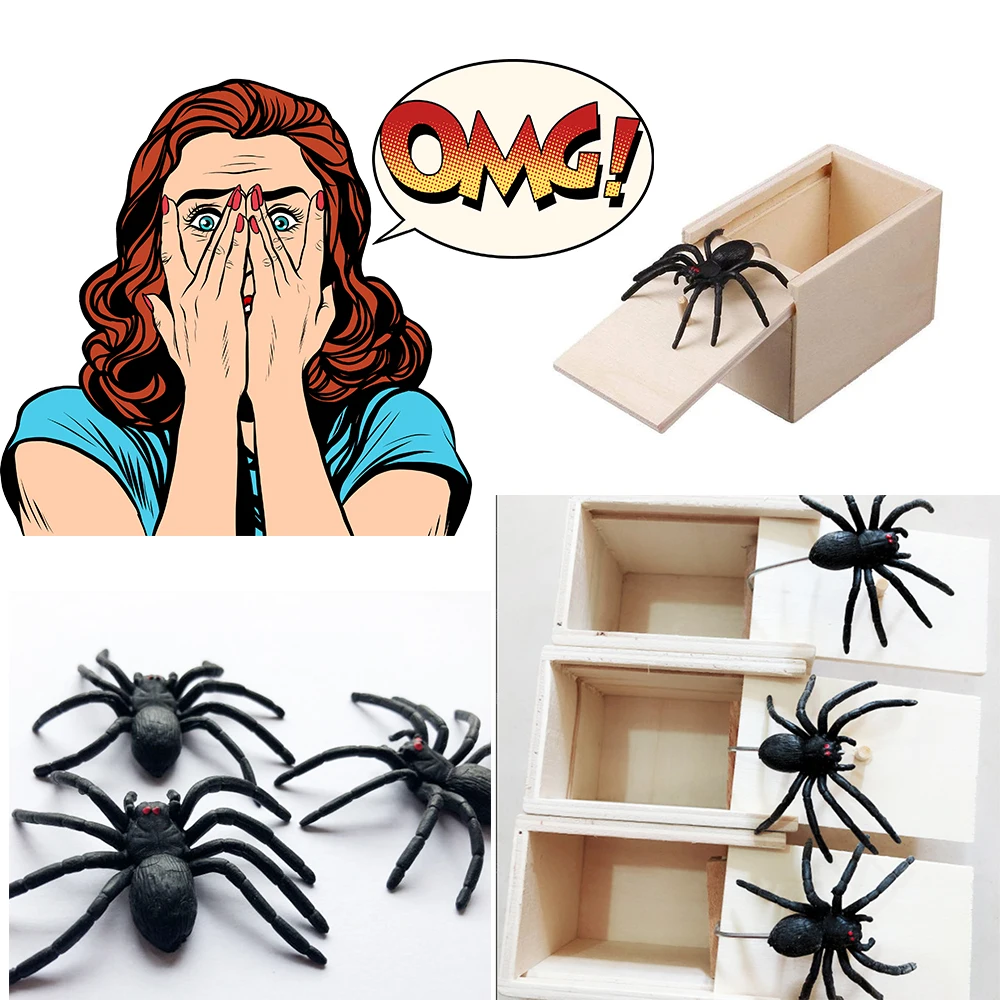 

Halloween Gifts Wooden Prank Tricks Practical Jokes Home Office Frighten Toy Box Gag Spider Mouse Children Funny Gifts Toy Box