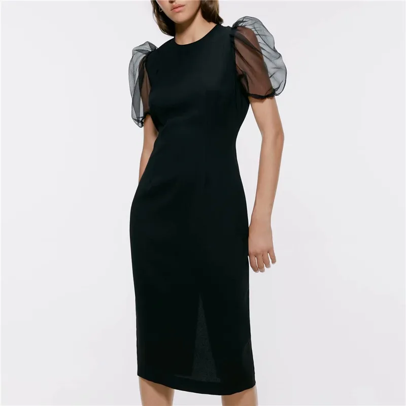 

2019 Fashion Elegant Patchwork Sheath Dress Women O Neck Short Organza Puff Sleeves Back Zipper Party Dresses Vestidos Mujer
