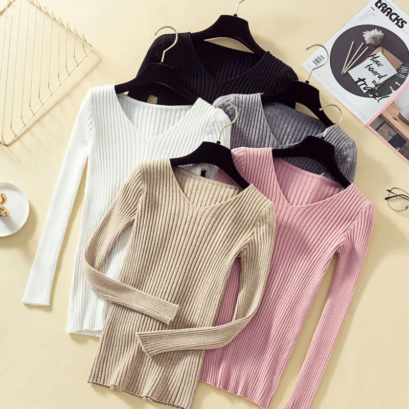 

Women Sweaters V Neck Long Sleeve Sweater Solid Slim Autumn Winter Clothes 2020 Sueter Mujer Basic Fashion Mulheres Pullover