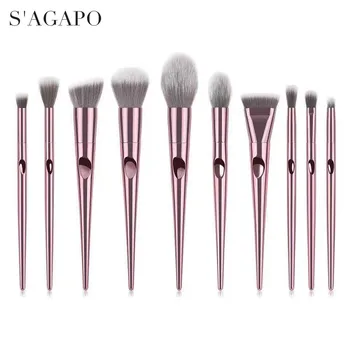 

S'AGAPO 10PS Eyeshadow Makeup brush Set Eyebrow Foundation Blush Concealer Loose powder Plating handle Face Beauty Makeup tool
