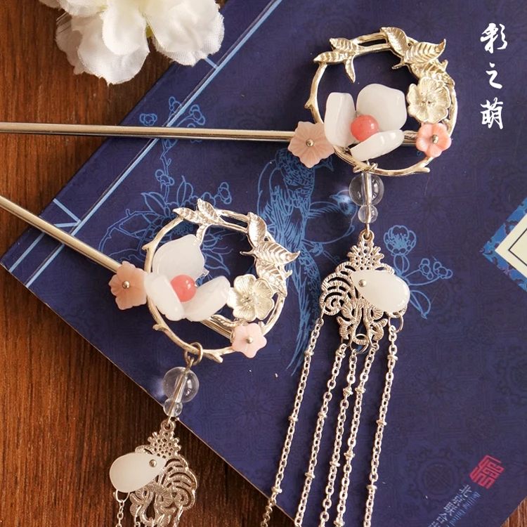 Древний цветок диск Серебро Hanfu Длинная кисточка Kanzashi шпилька Красивая Ручная Шпилька, которая сотрясается при ходьбе классические аксессуары для волос Косплей