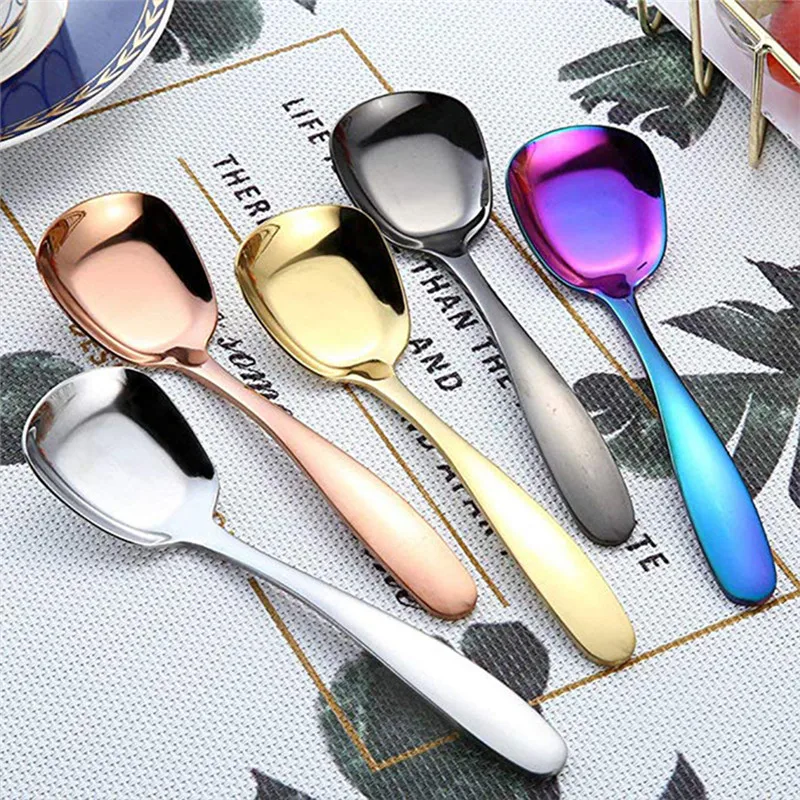 

Stainless Steel Square Flat Soup Spoons with Long Handle Dinner Spoon Large Scoop Restaurant Kitchen Tableware Tools