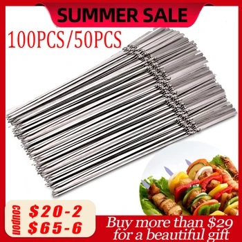 

100pcs/50pcs Reusable Flat Stainless Steel Barbecue Skewers Bbq Needle Stick for Outdoor Camping Picnic Tools Cooking Tools