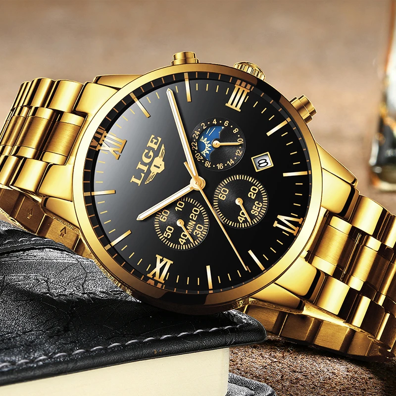 LIGE Fashion Top Brand Luxury Gold Watches Men's Stainless Steel Waterproof Quartz Clock Male Military Watch Relogio Masculino
