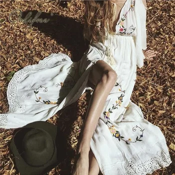 

Ordifree 2020 Summer Boho Women Maxi Dress Floral Embroidery Vintage White Long Tunic Beach Dress Robe Femme