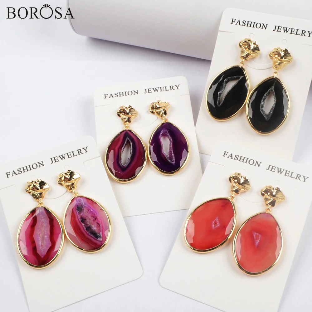 

BOROSA 4Pairs Gold Bezel Drop Shape Agates Slice Drop Earring Gems Rainbow Agates Druzy Slice Silver Earrings Jewelry WX1176