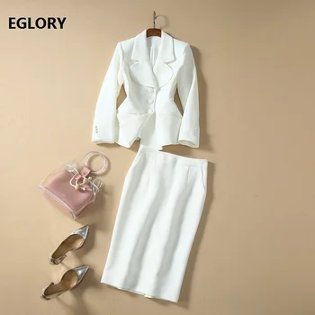 

Elegant Work Suits 2020 Autumn Winter Jacket Sets Women Notched Collar Single Breasted Blazer Coat+Mid-Calf White Pencil Skirts