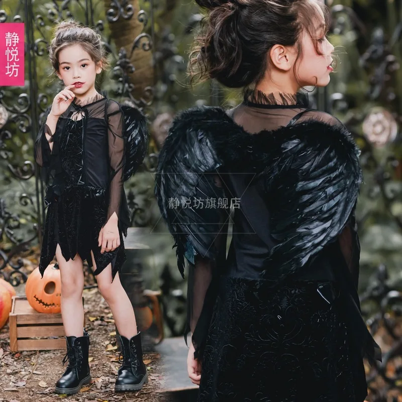 Черное платье ангела волшебной ведьмы на Хэллоуин для девочек; карнавальный костюм; платье для костюмированной вечеринки; костюм на Хэллоуин; платье класса де-люкс