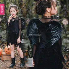 Черное платье ангела волшебной ведьмы на Хэллоуин для девочек; карнавальный костюм; платье для костюмированной вечеринки; костюм на Хэллоуин; платье класса де-люкс