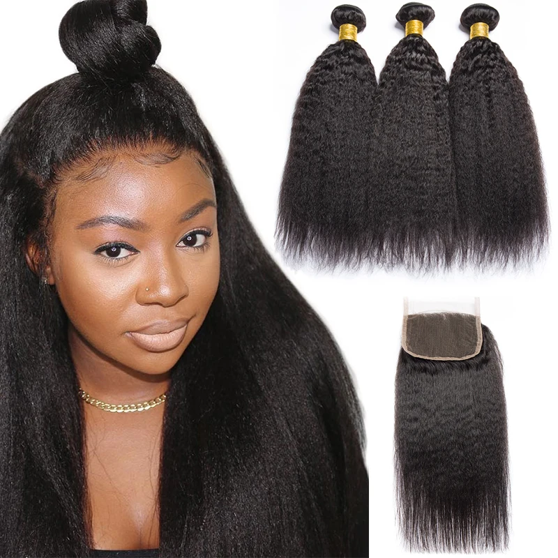 

Alibele Kinky Straight Hair Bundles With Closure Brazilian Hair Bundles With Non Remy Human Hair Bundles With 4Ч4 Lace Closure