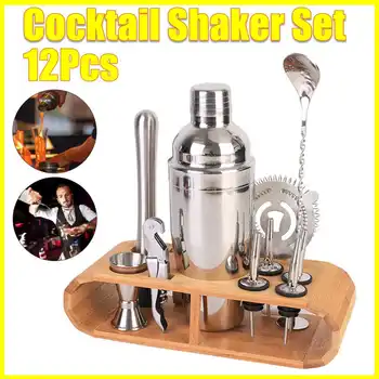 

12pcs/set Stainless Steel Boston Cocktail Shaker Bar Wine Mixer Set Bartender Cocktail Hand Shaker Tool Kit Bar Tool with Holder