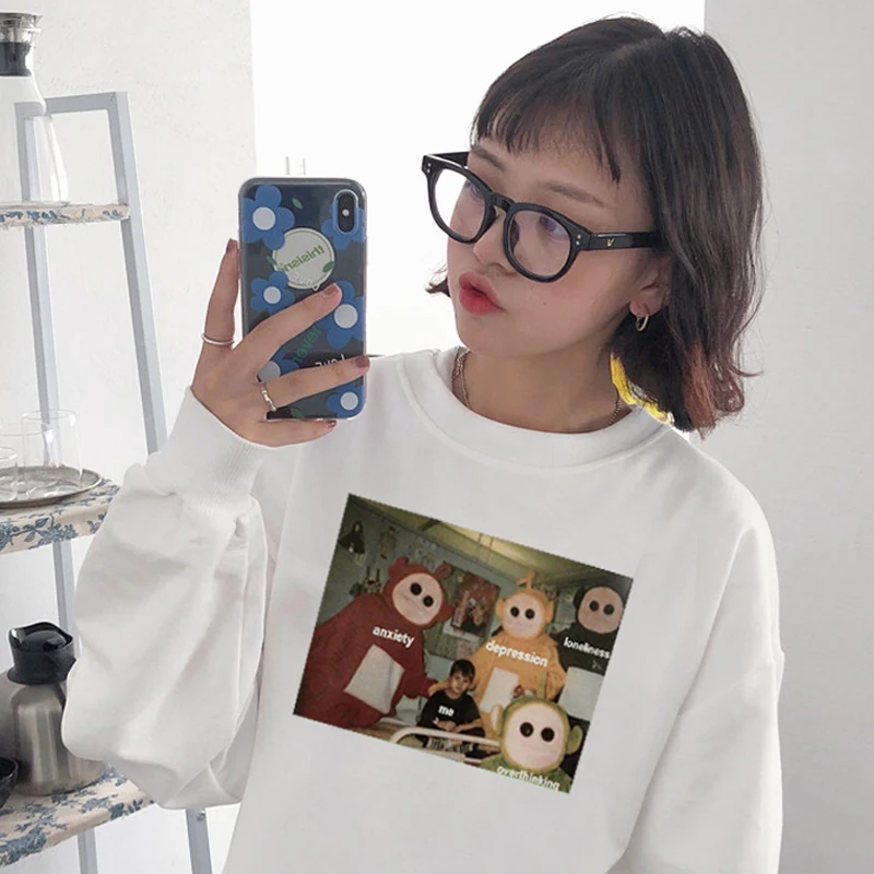 

Around Me Anxiety Depression Lonliness Overthinking Casual Fashion Large Size Loose Female Cartoon Fun Tops Spoof Sweatshirt
