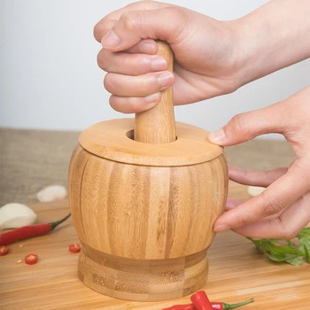 

Multifunction Garlic Press Wood Mortar And Pestle Set Manual Spices Mortar Pestle Set Grinding Bowl Grinder with cover Drop Ship