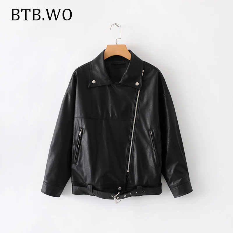 

BTB.WO Fashion Women PU Leather Black Jacket Autumn 2019 Female Long Sleeve Zipper Turn-Down Slim Black Biker Jacket With Blet