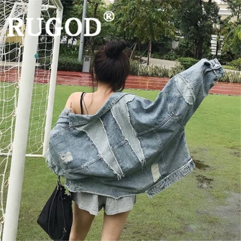 

RUGOD Women blue denim jacket turn down collar hole spliced vintage jean coat loose oversize outerwear new autumn fashion femme