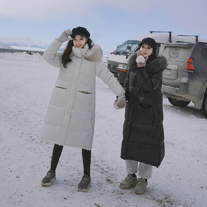 Новинка, зимняя женская пуховая парка с капюшоном, модная длинная куртка с длинным рукавом, Большие меховые карманы, плотное пальто, женская верхняя одежда C99001K