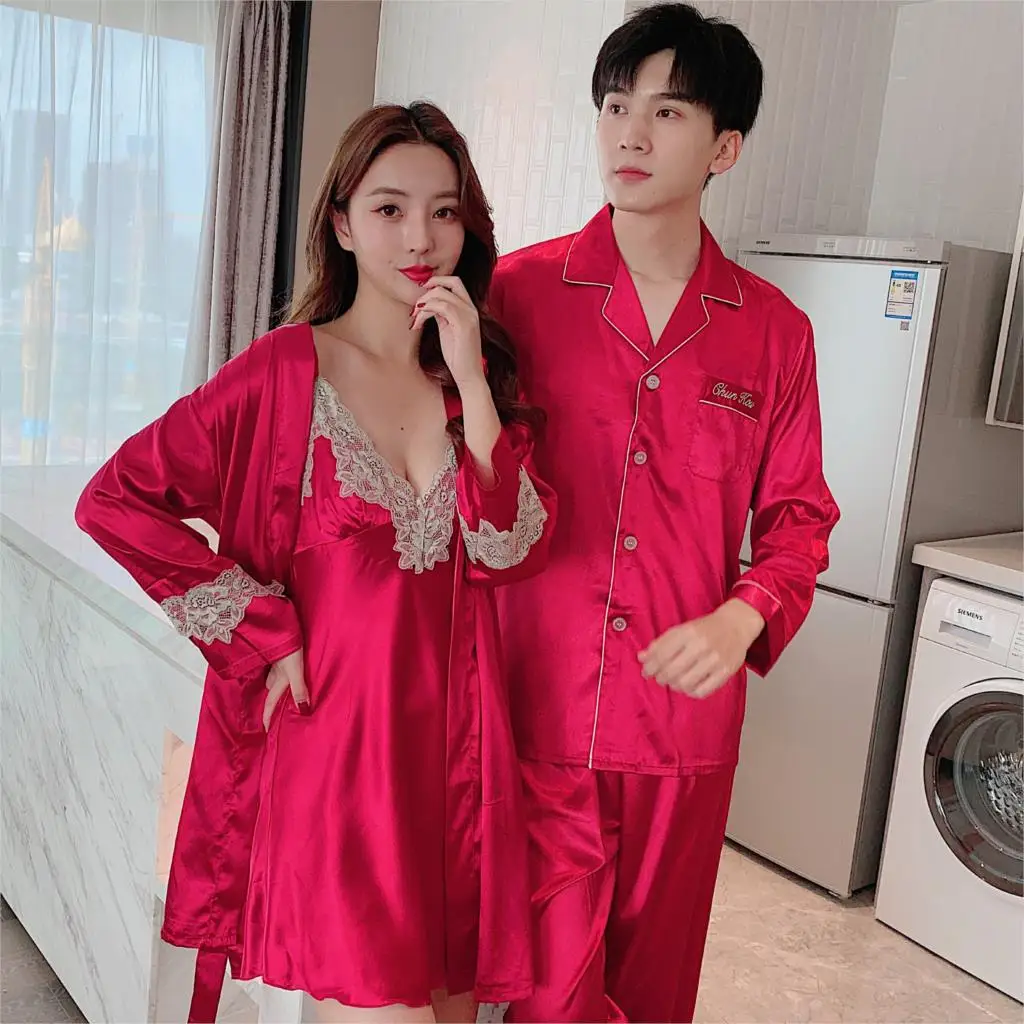 Autumn Men Couple Pajamas Set V Neck Plus Size Home Service Suit Casual Male Couples Sleepwear Nightwear Spring Ice Silk Night silk pj set Men's Sleep & Lounge