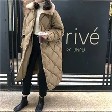 FAKUNTN Fur Collar Winter Women Oversize Rhombus Pattern Long Parkas Pocket Female Warm Long Cotton Overcoat Single Breasted