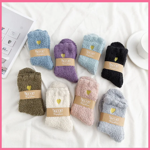 

Fashionable popular winter embroidered love half velvet thickened coral medium tube socks 8-color bubble mouth female socks