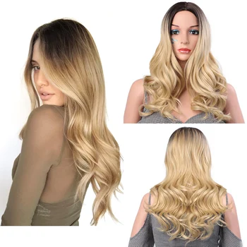 Stamped Glorious Natural Wave Wig Ombre Black Brown Wig Synthetic Long Wigs for Women Middle Part Heat Resistant Fiber Hair 6