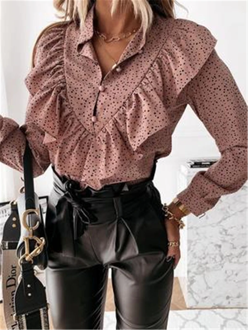 

Women Boho Print Shirt Long Sleeve Plus Size Ruffle Shirts Buttons Casual Loose Spring Autumn Elegent Stand Collar Ladies Blouse