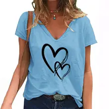 

80%HOTTop V-neck soft female short-sleeved loose top suitable for daily wear Love pattern age T-shirt short-sleeved