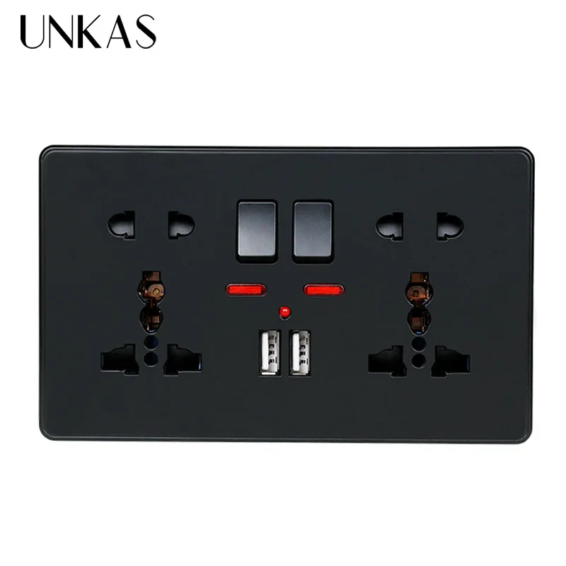 UNKAS светодиодный индикатор черная настенная розетка питания двойная универсальная 5 Отверстие переключаемая розетка с неоновым 2.1A двойной usb-порт для зарядки