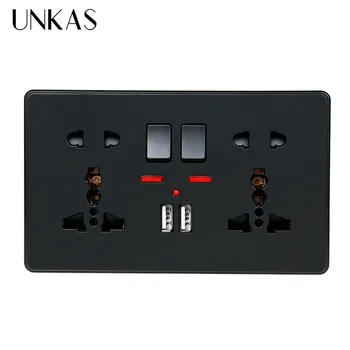 

UNKAS LED indicator Black Wall Power Socket Double Universal 5 Hole Switched Outlet With Neon 2.1A Dual USB Charger Port