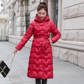 

plus size women winter parkas 2020 long jacket with sashes hooded thick office ladies outwear solid warm coat femme giacca donna