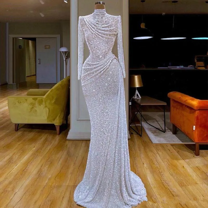

White Glitter Sequined Mermaid Evening Pageant Dresses 2020 Long Sleeve High Neck Ruffles Pleated Trumpet Occasion Prom Gown