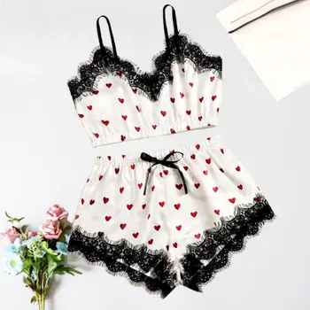 

Sexy Women Heart Print Lace Patchwork Sleepwear Set Crop Top Camisole Shorts lingeries sexy femme одежда для дома женские