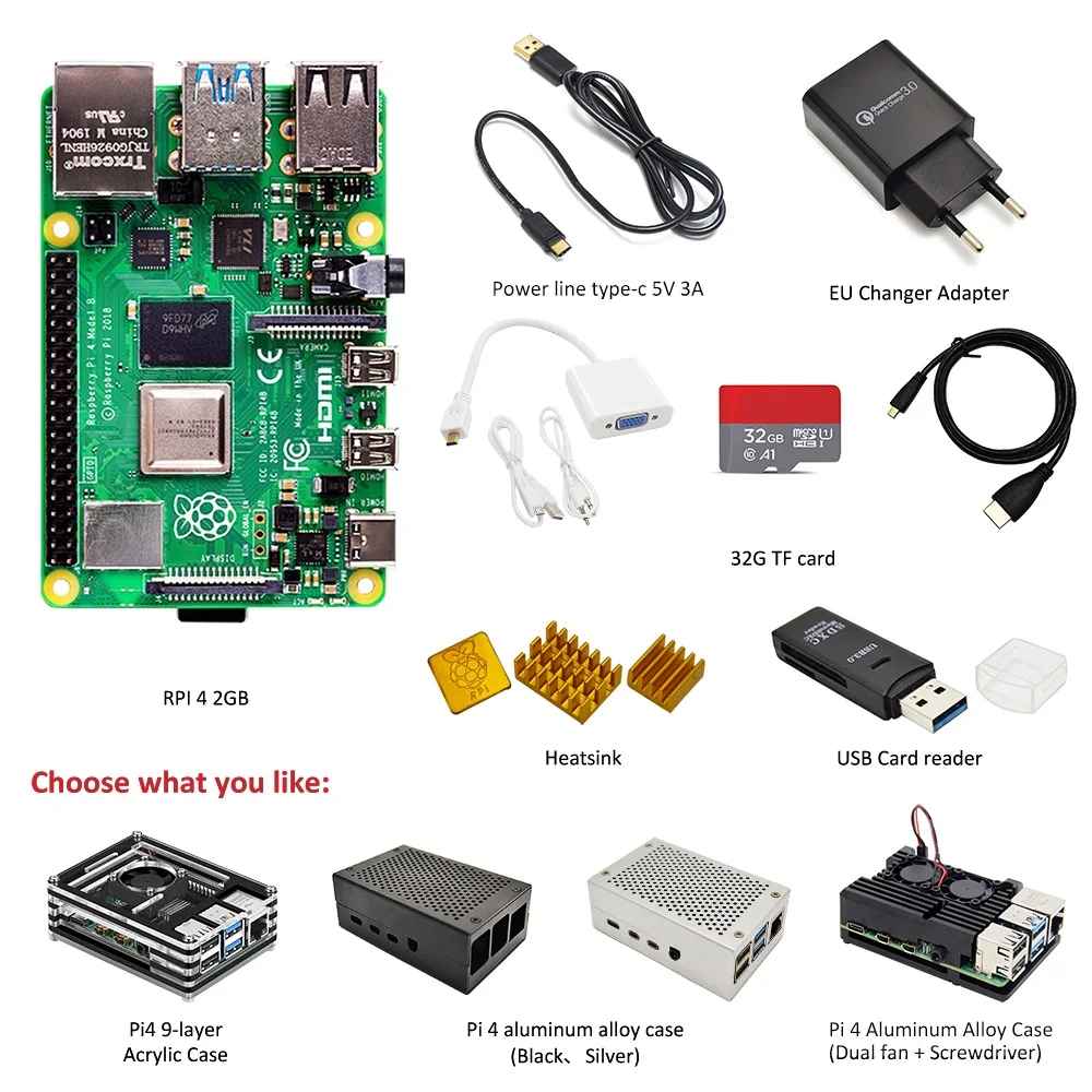 Raspberry Pi 4 Modelo B Original, Kit completo de 2GB de RAM, adaptador de corriente de la UE, línea de interruptor, tarjeta TF de 32GB, adaptador Micro vga