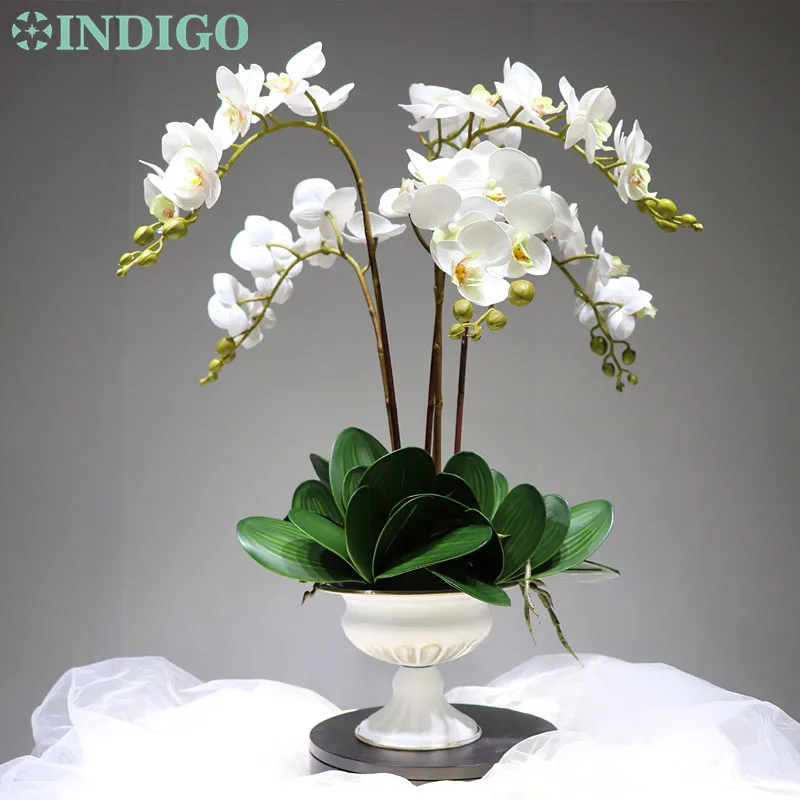 

INDIGO- (6 Flower + 9 leaves + Vase) White Orchids Flower Arrangment Real Touch Flower Office Table Decoration Free Shipping