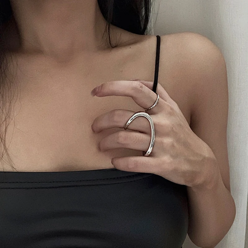 Punk Two-Finger Irregular Geometric Silver Color Hip Hop Open Ring Women Jewelry